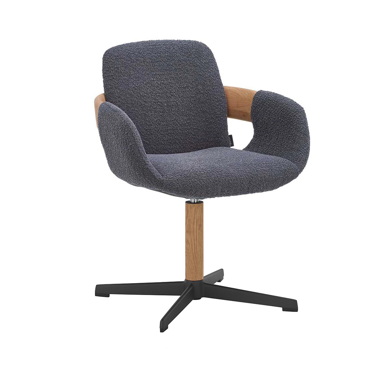 Hartmann NATURZEIT 7100E/8400E - 1764 Stuhl Emil Comfort Moderner Esszimmerstuhl mit gepolsterter Sitzfläche und Rückenlehne in dunkelgrauem Stoff, Holzapplikation an Lehnen und Vier-Fuß-Sterngestell aus Metall Anthrazit und Holz.