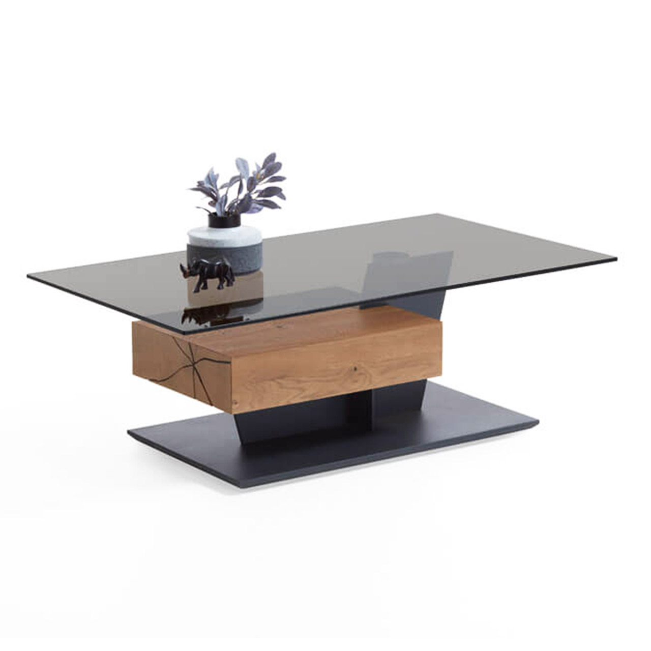 edler Couchtisch mit Glasplatte und massivem Holz-Schubkasten