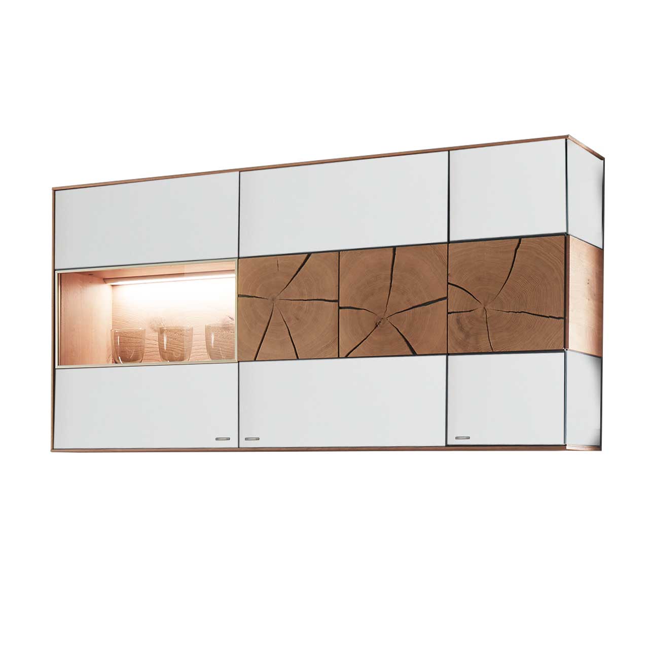 Hartmann CAYA - Hängevitrine 7170-4146W Moderne Hängevitrine aus massiver Kerneiche Umato mit Mattglas weiß Front, mit einer Holztür mit dekorativer Hirnholz Applikation aus drei rechteckigen Hirnholzscheiben und einer Glastür.