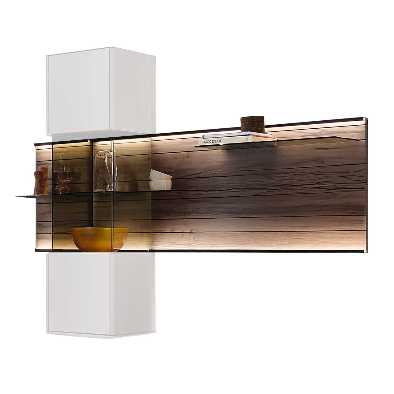 Modernes Wandpaneel aus dunkelbrauner Altholzbuche Uyaa mit edler, sichtbarerer Holzmaserung und drei Glasböden aus Parsolglas Bronze.