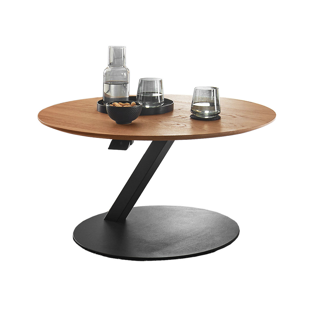 Hartmann TORIDO - Couchtisch 7270-1447 - höhenverstellbar Moderner Couchtisch mit runder, höhenverstellbarer Holzplatte in Kerneiche Umato. Metallsäule und runde Bodenplatte in Holz anthrazit.
