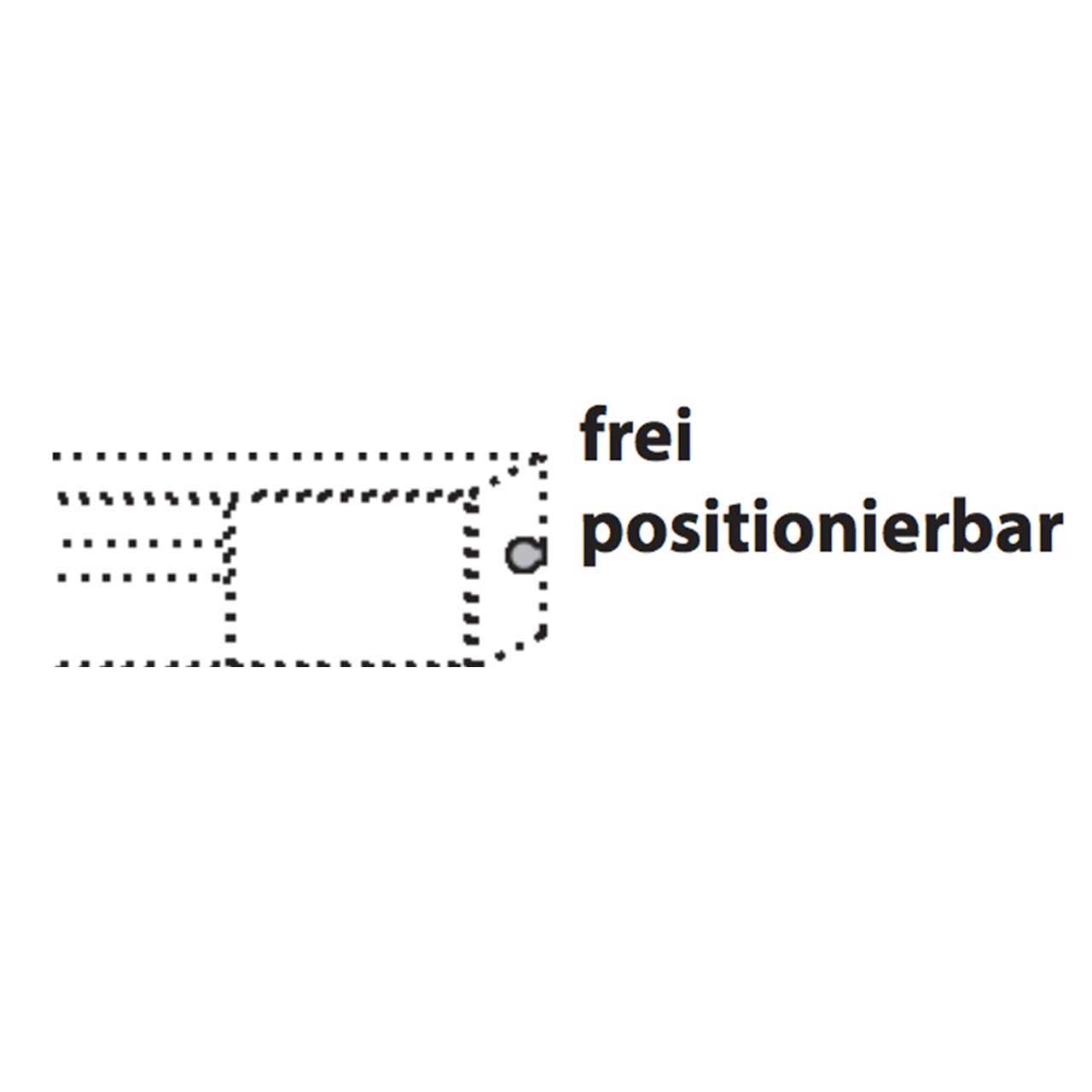 Strichzeichnung eines Touchschalters seitlich angebracht an einem CAYA Lowboard inkl. Hinweistext: frei positionierbar.