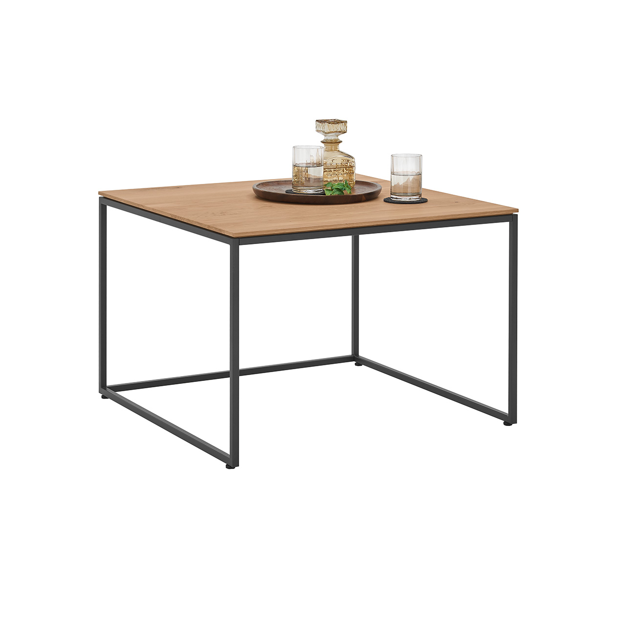 Moderner Couchtisch mit quadratischer Holztischplatte und filigranem Metallgestell in Anthrazit in Seitenansicht.