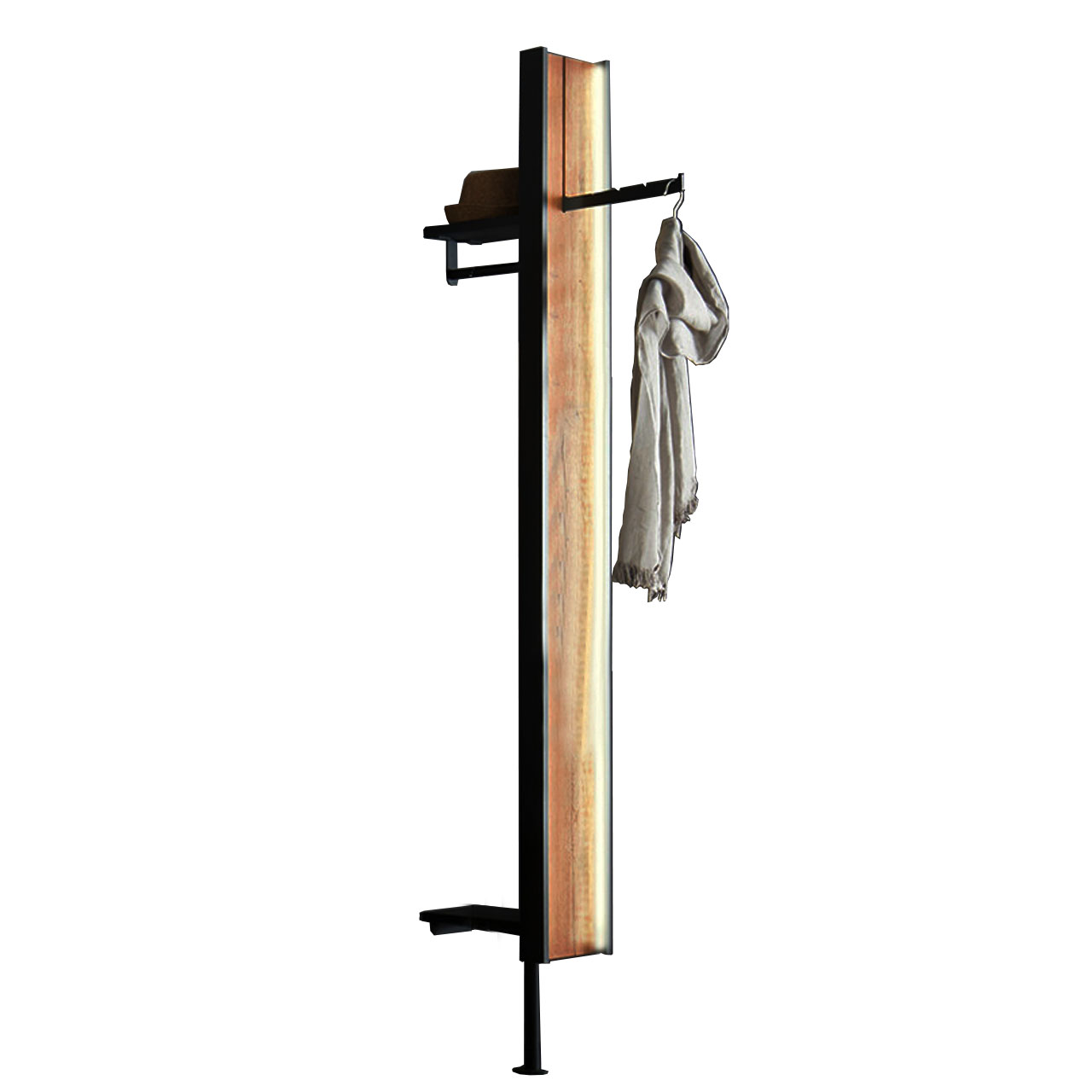 Moderne, schmale Wandgarderobe aus edler Riffeiche eingefasst in Metallrahen, mit Metallstandfuß, Kleiderstange und Mantelhaken im Metall anthrazit und Holz-Ablagefächer.
