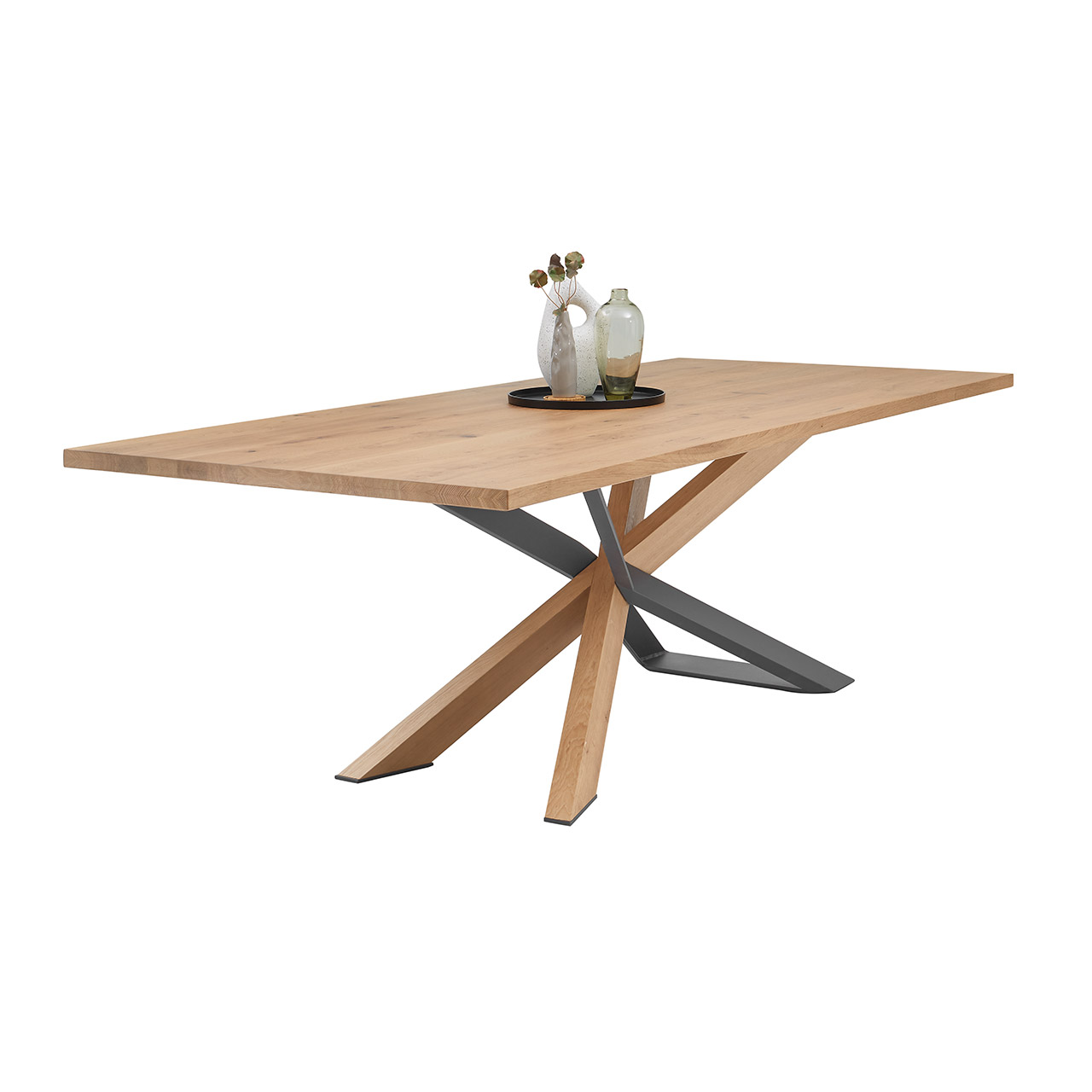 Hartmann NATURZEIT 7100E/8400E - 1822 Esstisch X200 Moderner Esstisch aus heller, massiver Kerneiche mit rechteckiger Tischplatte und sternförmigem Gestell in Metall Anthrazit und Riffeiche.