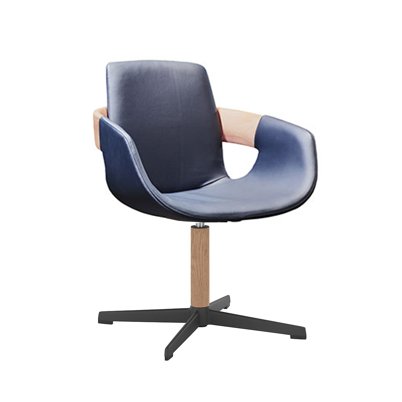 Hartmann NATURZEIT 7100E/8400E - 1768 Stuhl Emil Moderner Esszimmerstuhl mit Sitzfläche und Rückenlehne in atlantikblauem Leder, Holzapplikation an Lehnen und Vier-Fuß-Sterngestell aus Metall Anthrazit und Holz.