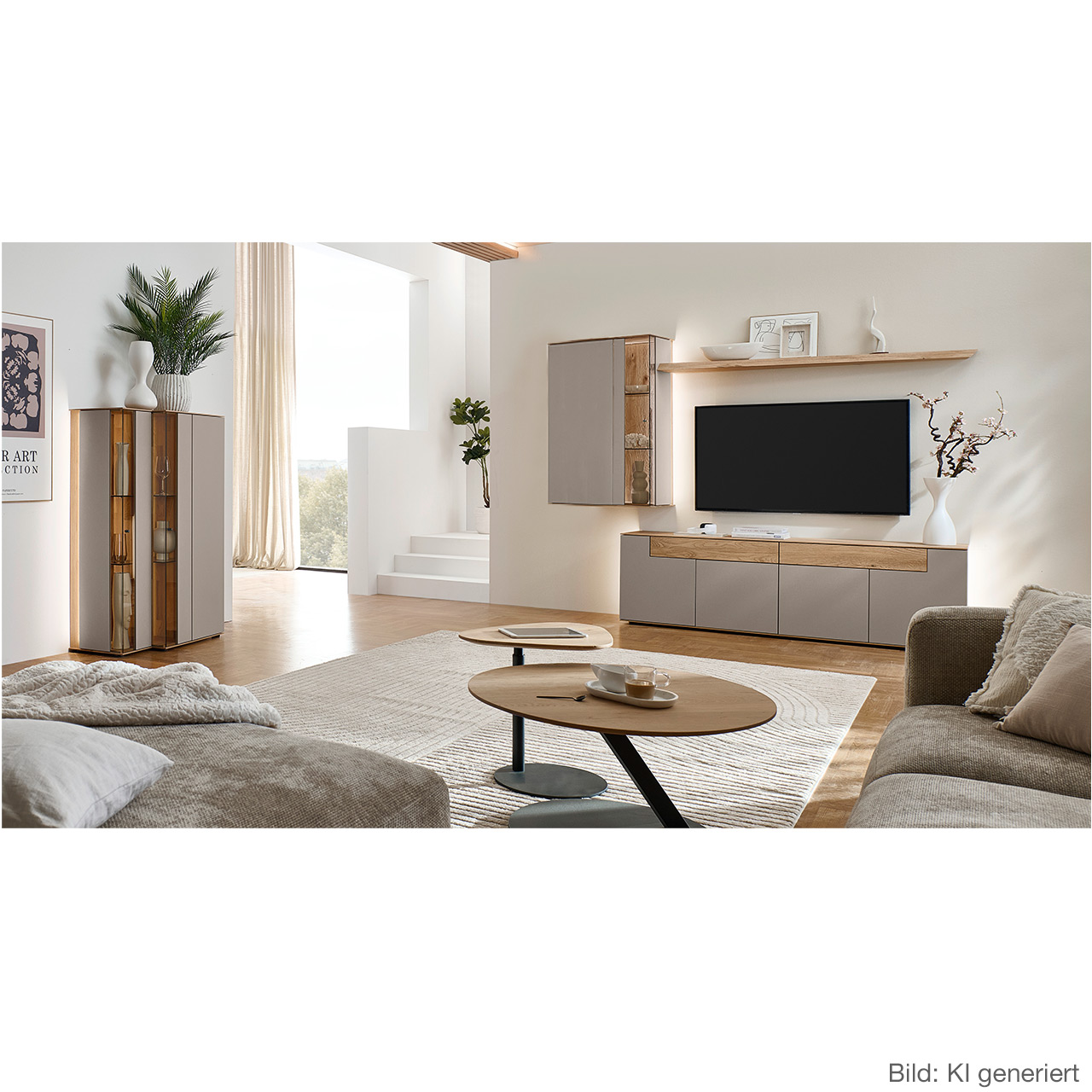 Wohnzimmer mit moderner Massivholzwohnwand bestehend aus einem Lowboard mit Schubkästen, einer Hängevitrine sowie einem Wandboarden - im asymmetrischen Design. Links passendes Highboard mit Glastüren, davor Holz-Couchtisch.
