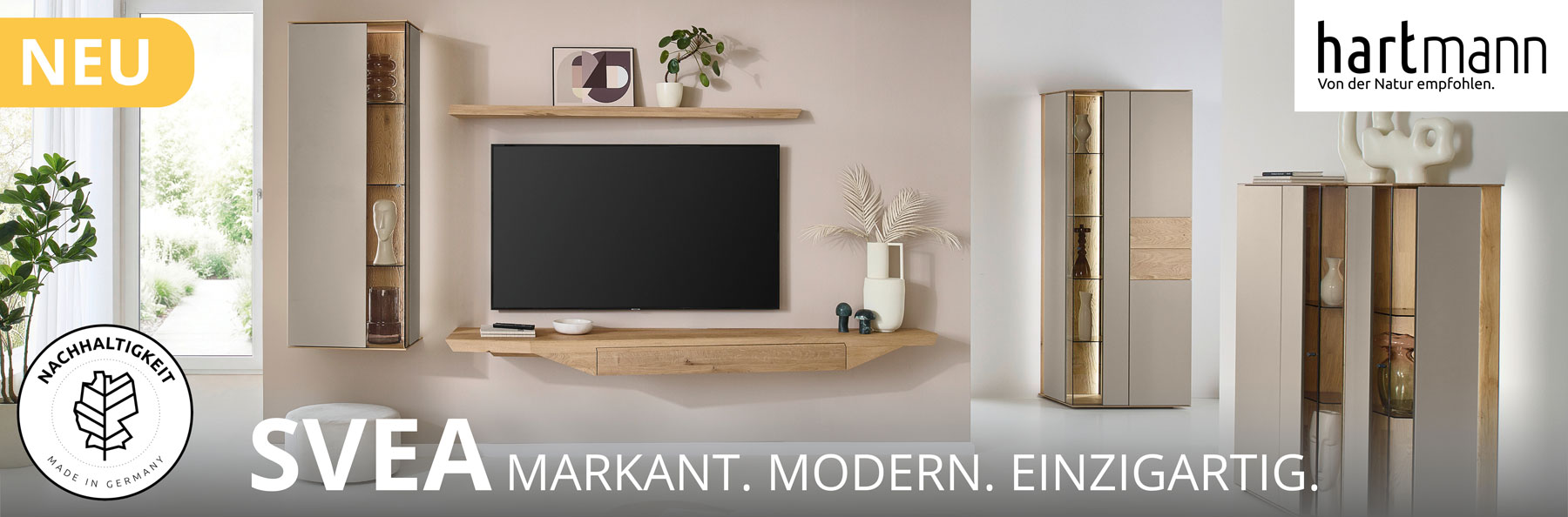 Hartmann SVEA - Massivholzmöbel aus Kerneiche Natur kombiniert mit Lack Sand und Riffholz. Ambientebild zeigt asymmetrisches Hängelowboard, Hängevitrine und Wandboard. Davor passendes Highboard mit Glastüren, dahinter Standvitrine.