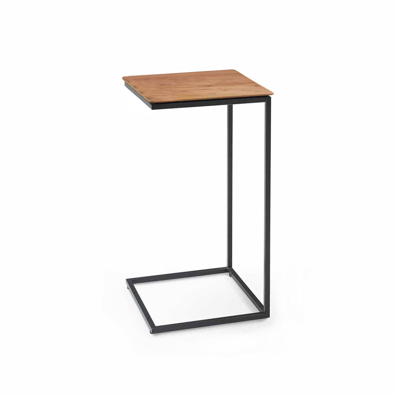 Kleiner Beistelltisch mit quadratischer Tischplatte aus dunkler Kerneiche und filigranem Metallgestell anthrazit.
