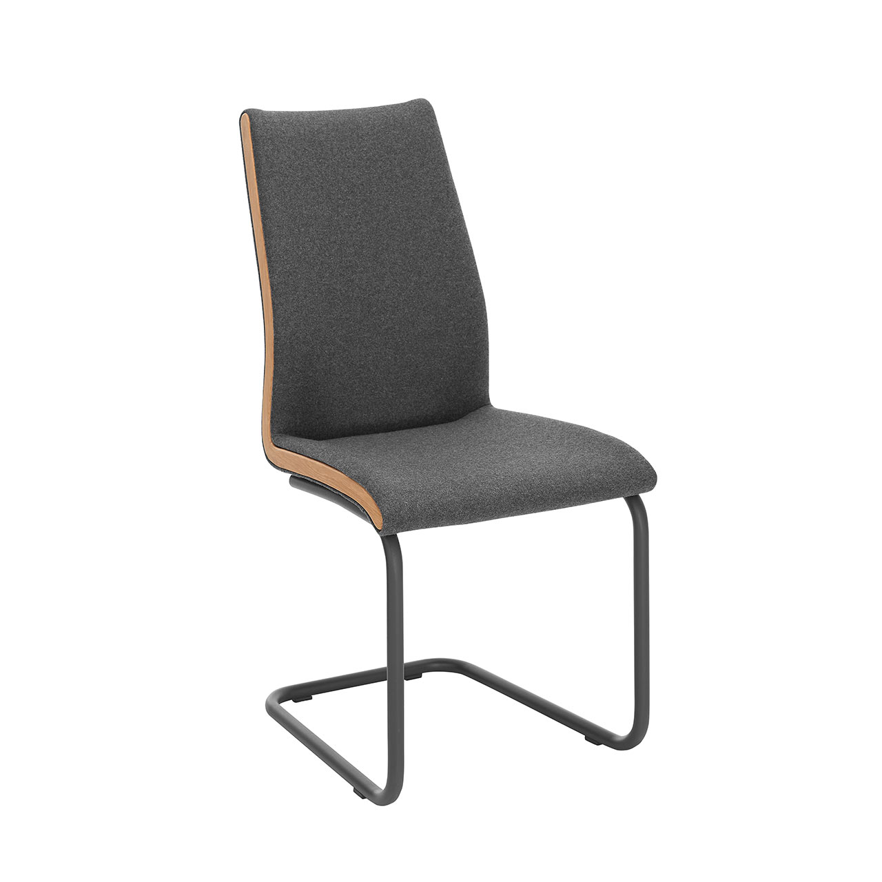 Hartmann NATURZEIT 7100E/8400E - 1319 Stuhl Mia - Frontansicht Frontansicht eines Freischwingers mit schwarzem Lederbezug, Metallgestell in Anthrazit und seitlicher Holzapplikation.