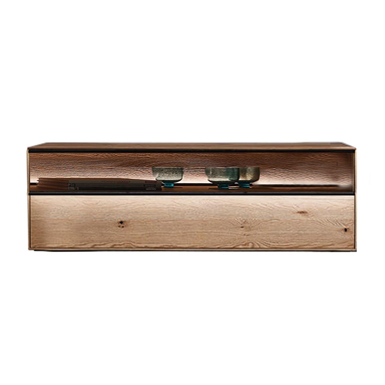 TV-Board aus massiver Kerneiche mit Glasblende