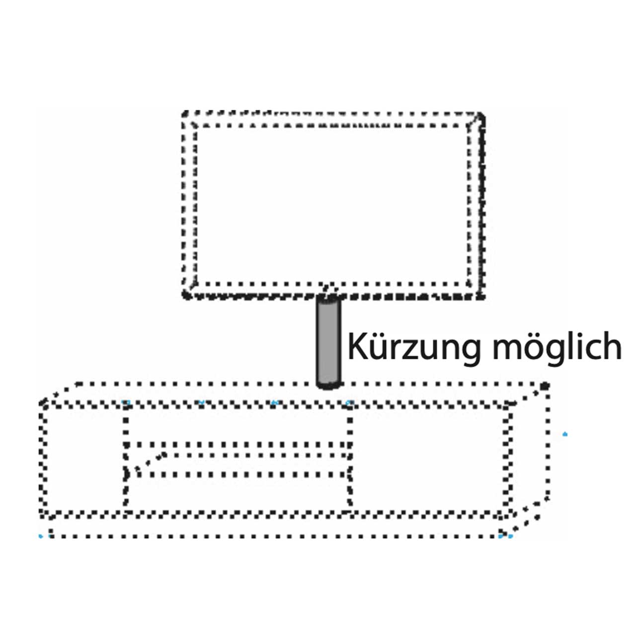 Strichzeichnung eines Lowboards mit Kabelkanal zum Wandfernseher inkl. Hinweistext am Kabelkanal: Kürzung möglich