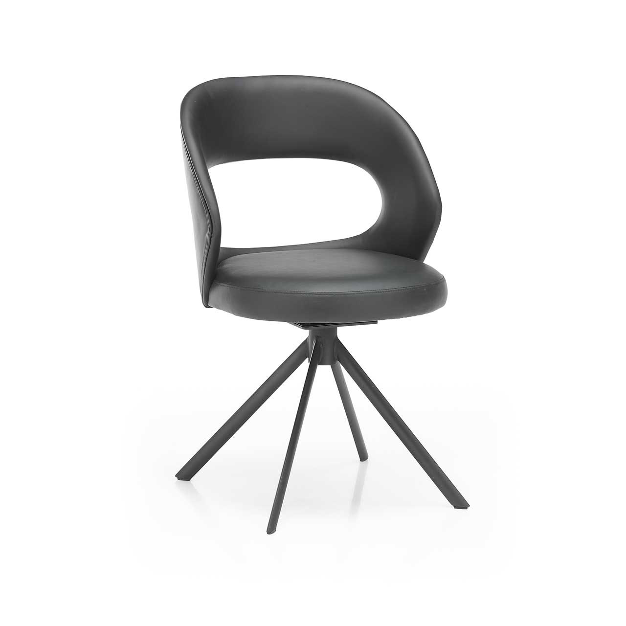 Gepolsterter Stuhl mit Bezug aus schwarzem Glattleder, mit offener Rückenlehne und drehbarem Vier-Fuß-Stativ Gestell in Metall anthrazit.