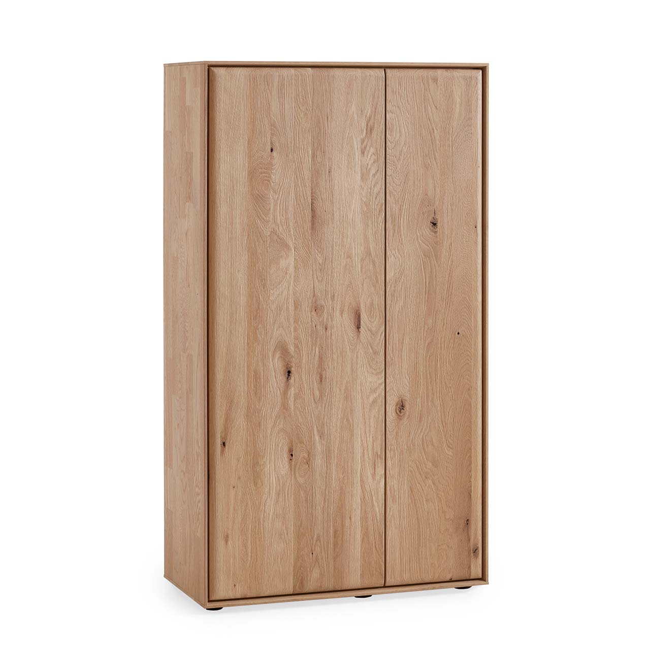 Schlichtes Highboard aus massivem Eichenholz mit einer breiten Tür links und einer schmalen Tür rechts. Beide Türen sind geschlossen.