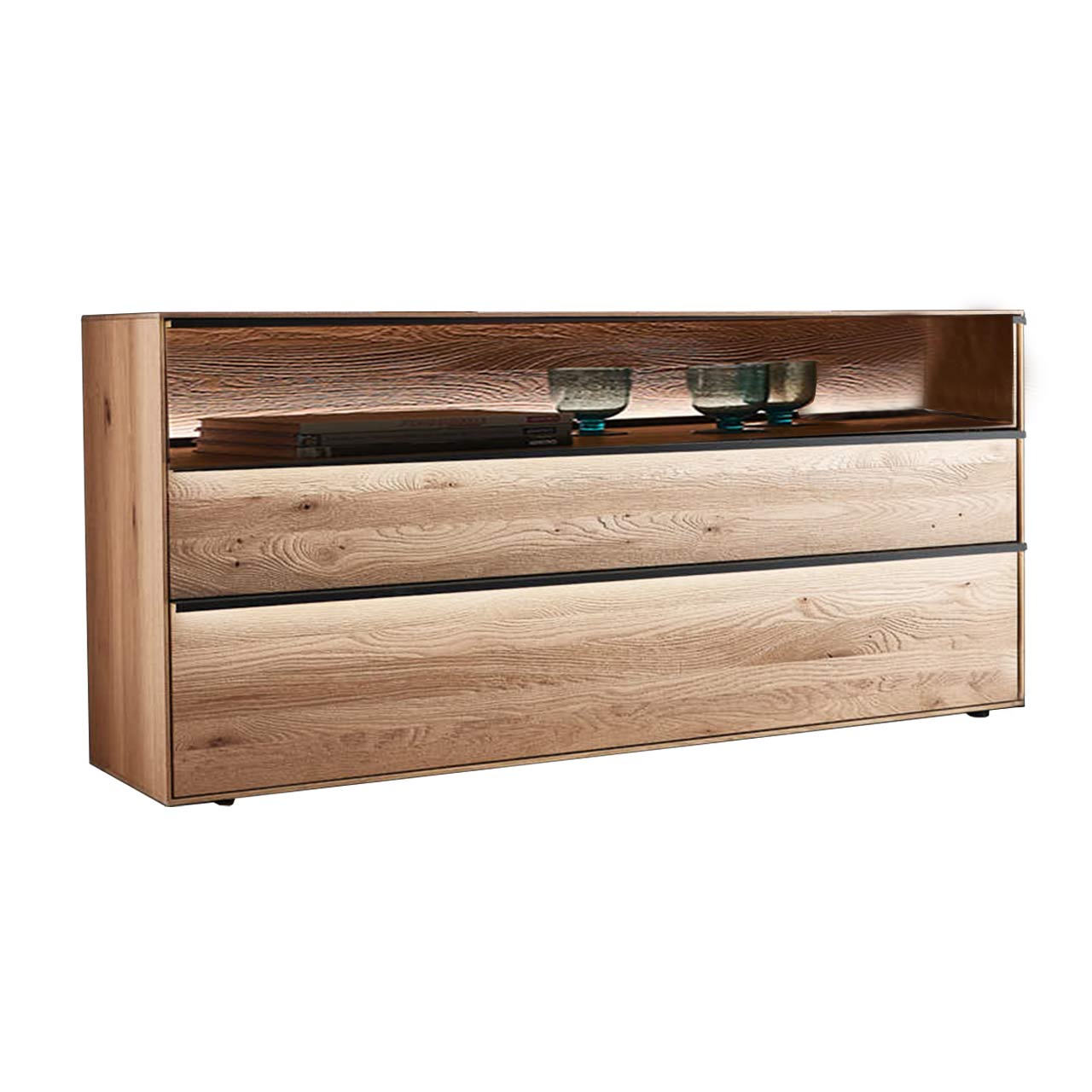 massives Lowboard aus Kerneiche Natur mit 2 Schubkästen & Glasblende