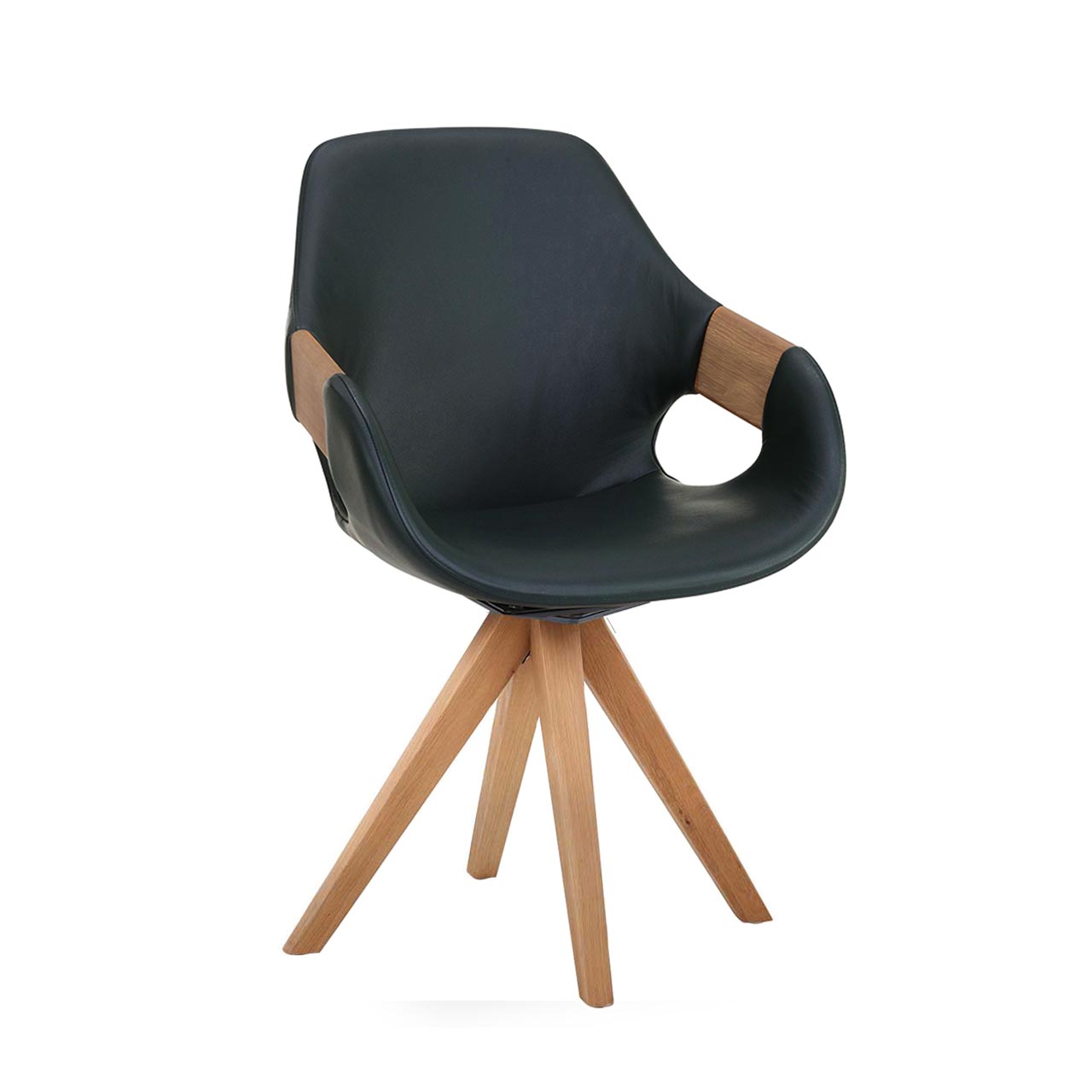 Moderner Esszimmerstuhl mit Sitzfläche und Rückenlehne in dunkelblauem Leder, Holzapplikation an Lehnen und Vier-Fuß-Stativgestell aus massivem Holz.