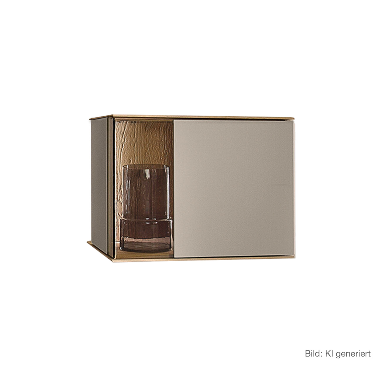 Moderne Vitrine aus massiver Kerneiche Natur mit Lackfronten in Sand. Mit einer Glas-Lacktür und beleuchteter Riffholzrückwand links - als Unterbauelement für Hängelowboards empfohlen.
