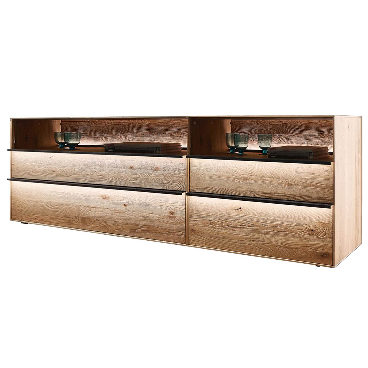Sideboard aus massiver Kerneiche Natur mit 4 Schubkästen & Glasfront