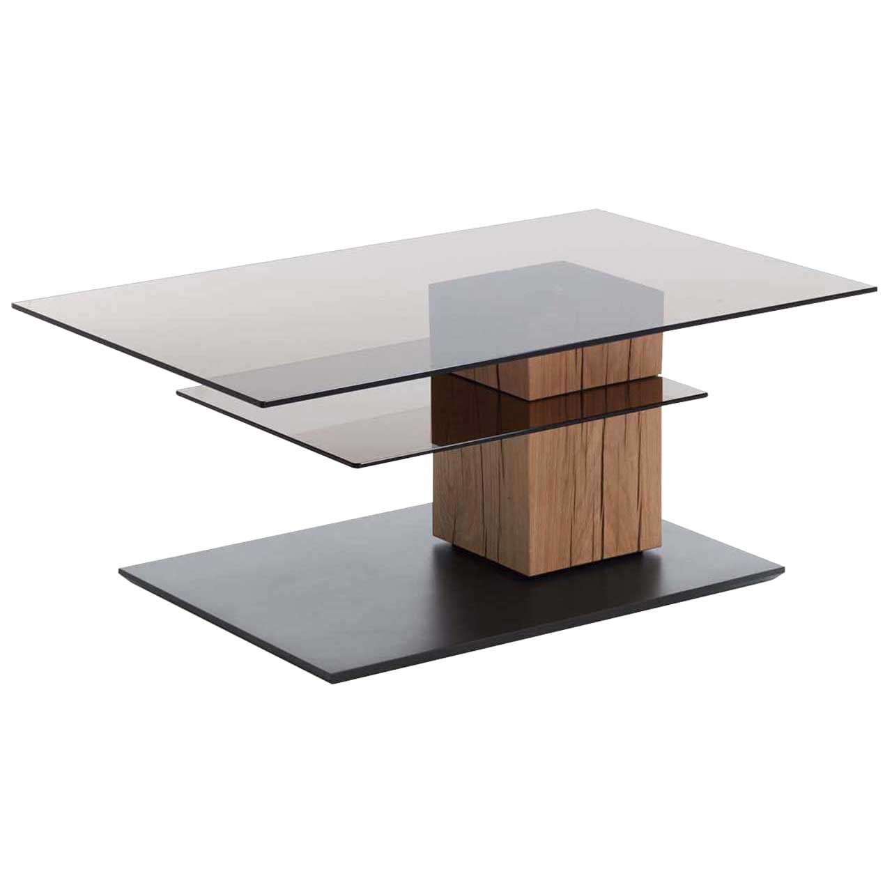 Edler Couchtisch mit rechteckiger, drehbarer Glasplatte und zusätzlicher fester Glasablage darunter. Massive Holzsäule aus Riffholz auf dunkler Bodenplatte.