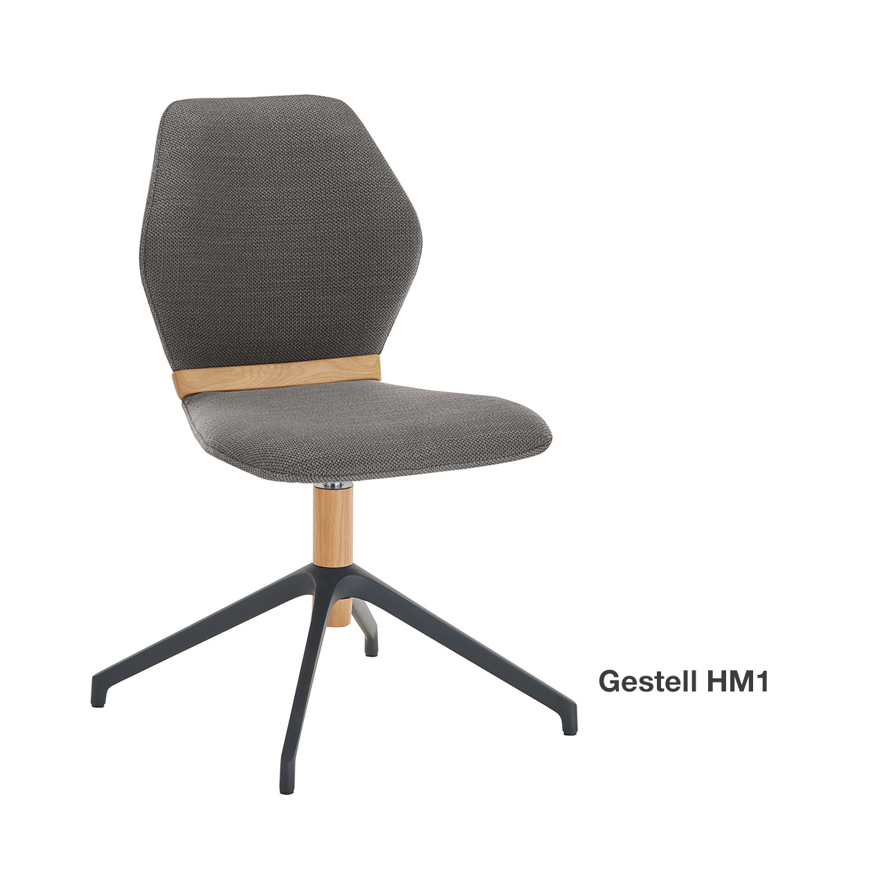 Moderner Esszimmerstuhl ohne Lehnen mit gepolsteter Sitzfläche und Rückenlehne in grauem Stoff, mit Holzapplikation im Lendenbereich und Vier-Fuß-Gestell Metall Anthrazit&Holz in filigraner Sternform.