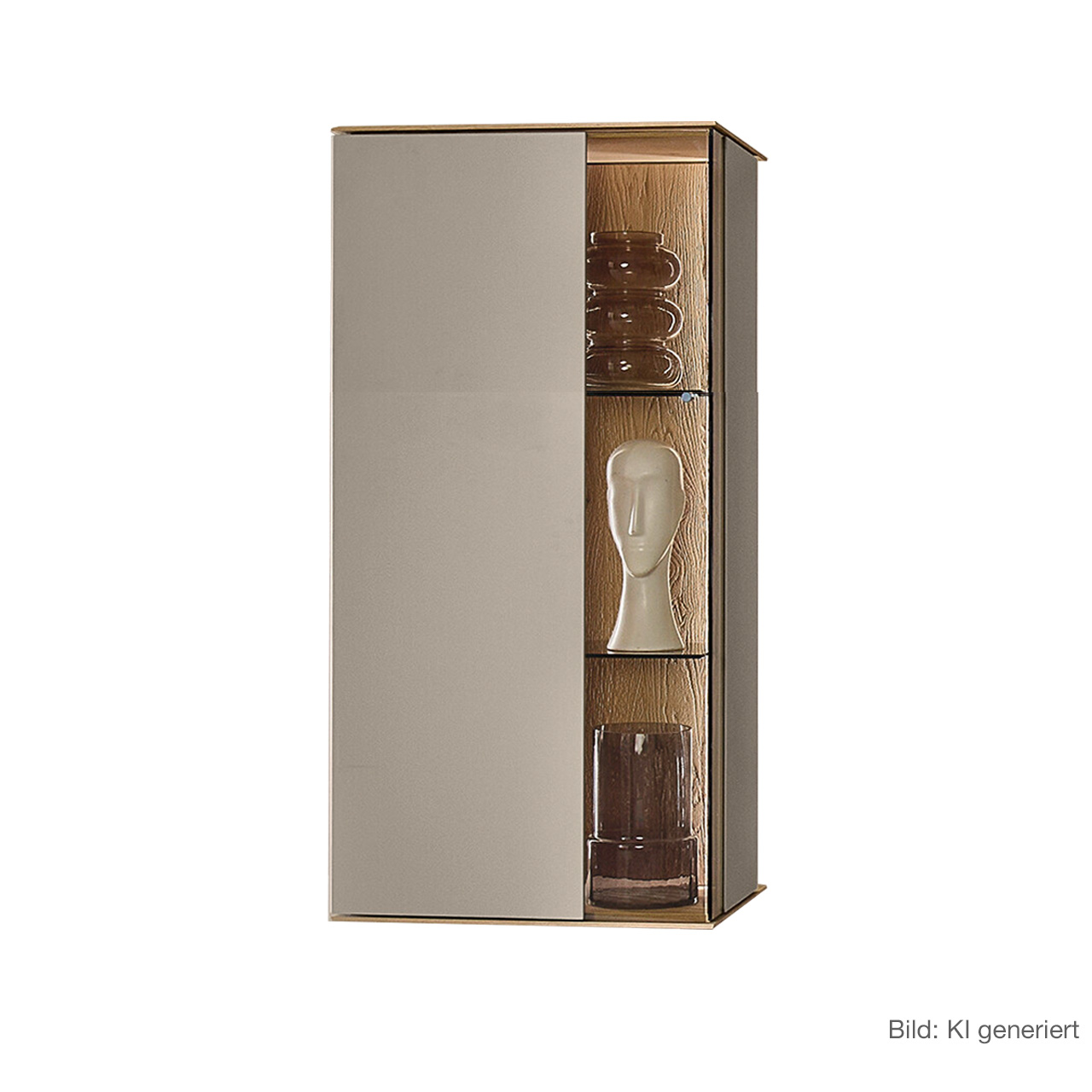 Moderne Vitrine aus massiver Kerneiche Natur mit Lackfronten in Sand. Mit einer Glas-Lacktür und beleuchteter Riffholzrückwand rechts sowie zwei Glasböden.