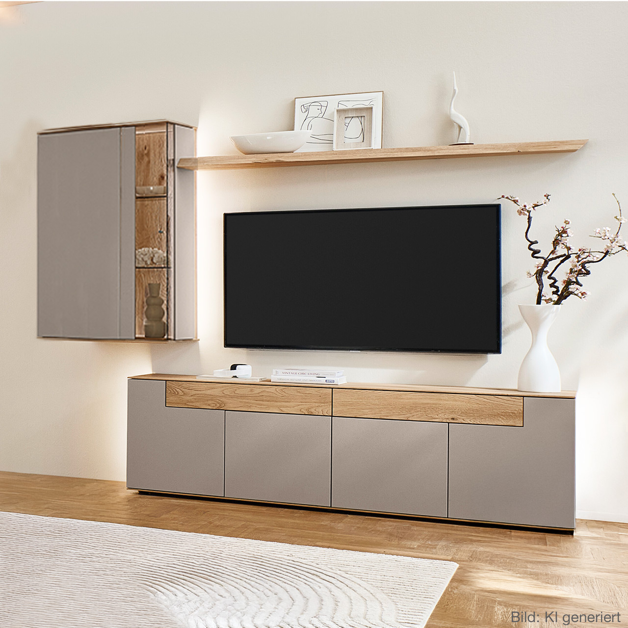 Moderne dreiteilige Wohnwand aus massiver Kerneiche Natur mit Lack Sand und Riffholz im asymmetrischem Design, bestehend aus einem Lowboard mit Schubkästen in Lack/Riffholz, einer Holz/Lack Hängevitrine sowie einem Riffholz-Wandboard.