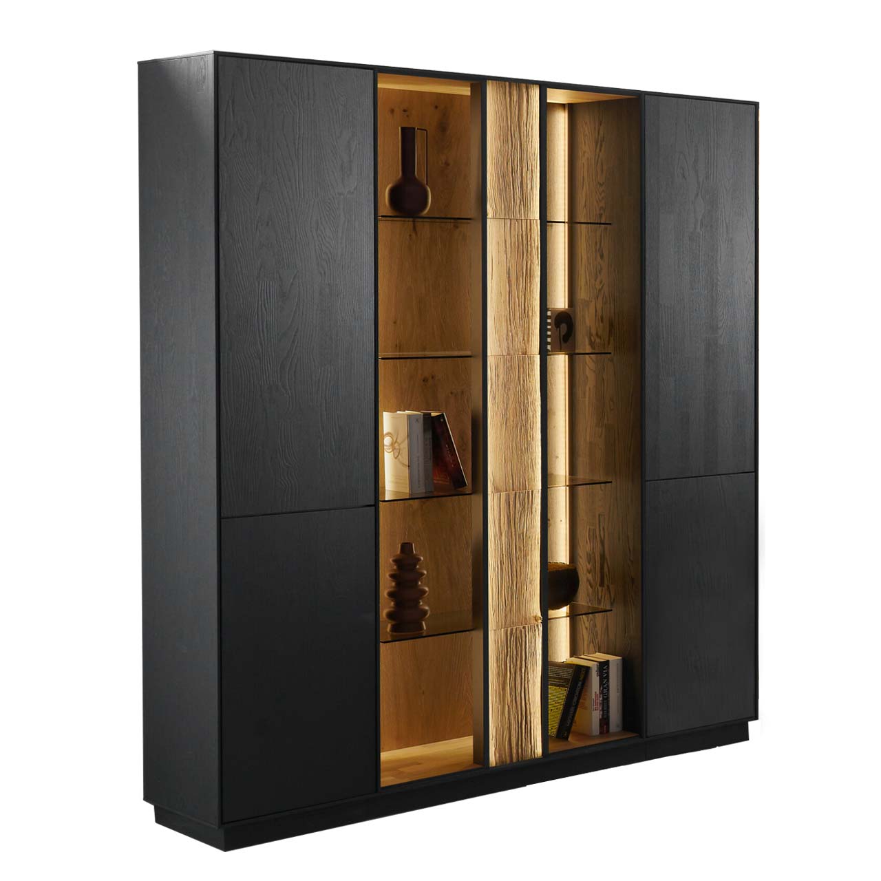 HM_KILVA_9610-8151_Regalelement3erSet_1280x1280 Modernes Regalelement aus massiver Kernesche anthrazit mit Spaltholz-Akzent und Parsolglas-Ausschnitt
