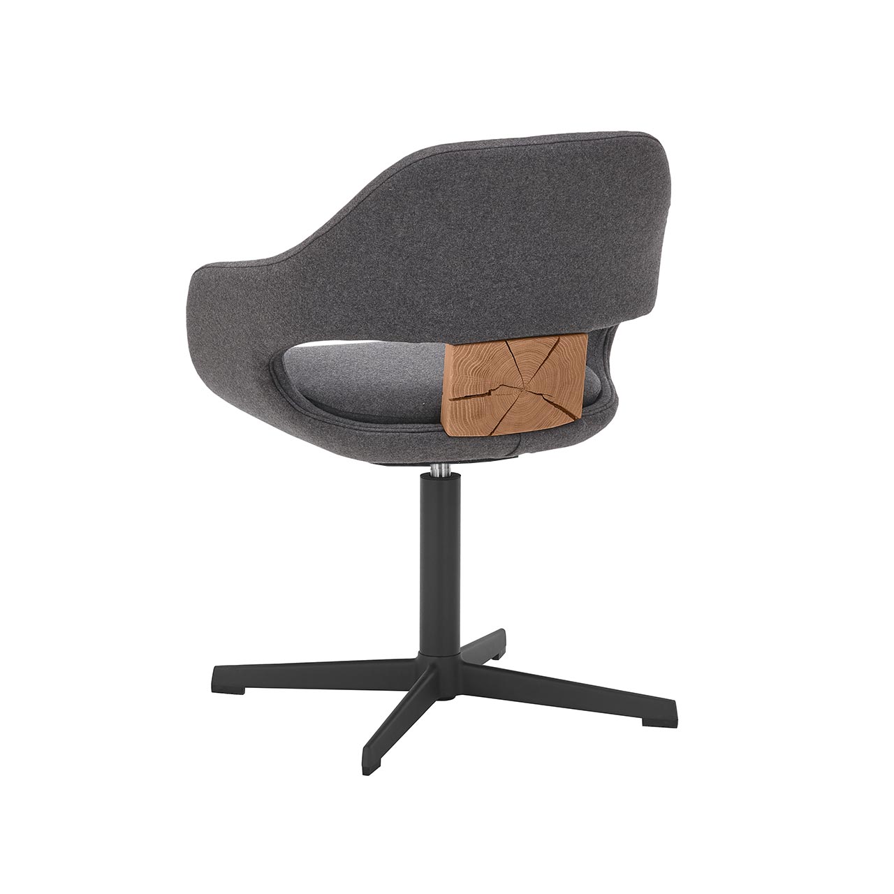 Hartmann NATURZEIT 7100E/8400E - 1733 Stuhl Aaron - Rückansicht Rückansicht eines drehbaren Armlehnstuhls mit anthrazitfarbenem Stoffbezug und gepolsterter , offener Sitzschale. Mit dekorativer Hirnholzscheibe im Lendenbereich auf Vier-Fuß-Stern Gestell in Metall Anthrazit.