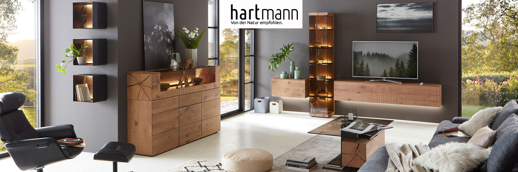 Hartmann Möbel - Möbelserie VARA - Kerneiche Umato Hartmann VARA - Möbel aus massiver Kerneiche Umato sägerau gebürstet kombiniert mit Metall Anthrazit Fronten. Ambientebild zeigt zwei Hängelowboards, dazwischen eine edle Standvitrine aus Parsolglas, links passendes Highboard darüber drei Kubusregale.