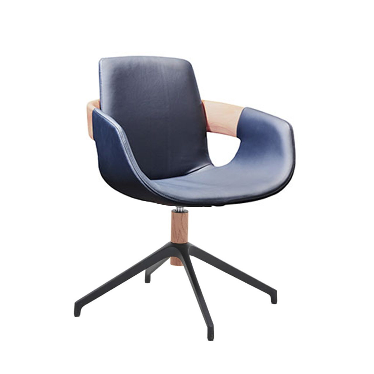 Hartmann NATURZEIT 7100E/8400E - 1767 Stuhl Emil Moderner Esszimmerstuhl mit Sitzfläche und Rückenlehne in atlantikblauem Leder, Holzapplikation an Lehnen und Vier-Fuß-Stativgestell aus Metall Anthrazit und Holz.