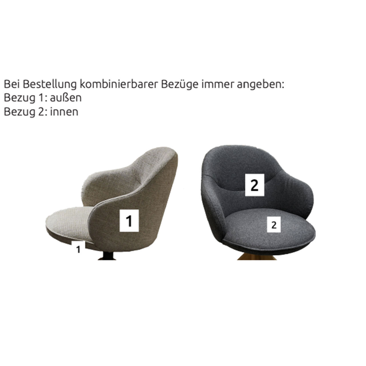 Bestellhinweis zu Bezügen beim Hartmann Stuhl RICO. Der Stuhl kann variabel innen und außen sowohl mit Stoff als auch mit Leder bezogen werden.