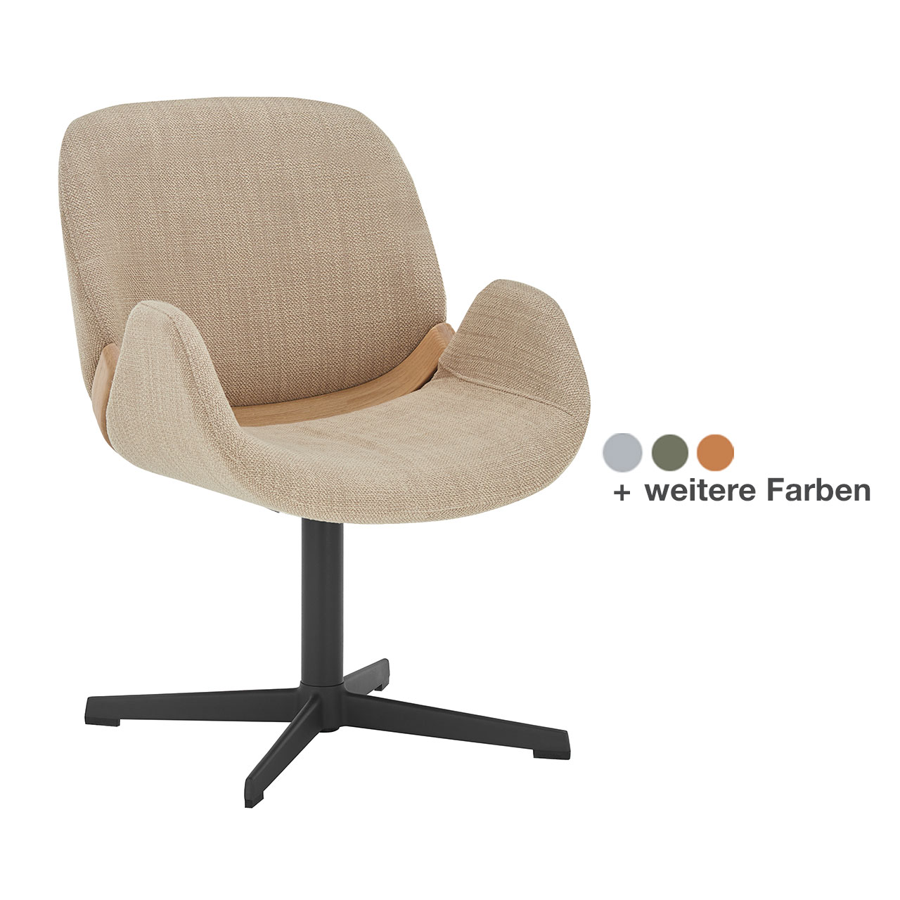Moderner Esszimmerstuhl mit gepolsteter Sitz- und Rückenfläche sowie nach oben schwingenden Armlehnen in hellbeigem Stoff, mit Holzapplikation im unteren Lendenbereich und Vier-Fuß-Metallgestell Anthrazit in stabiler Kreuzform