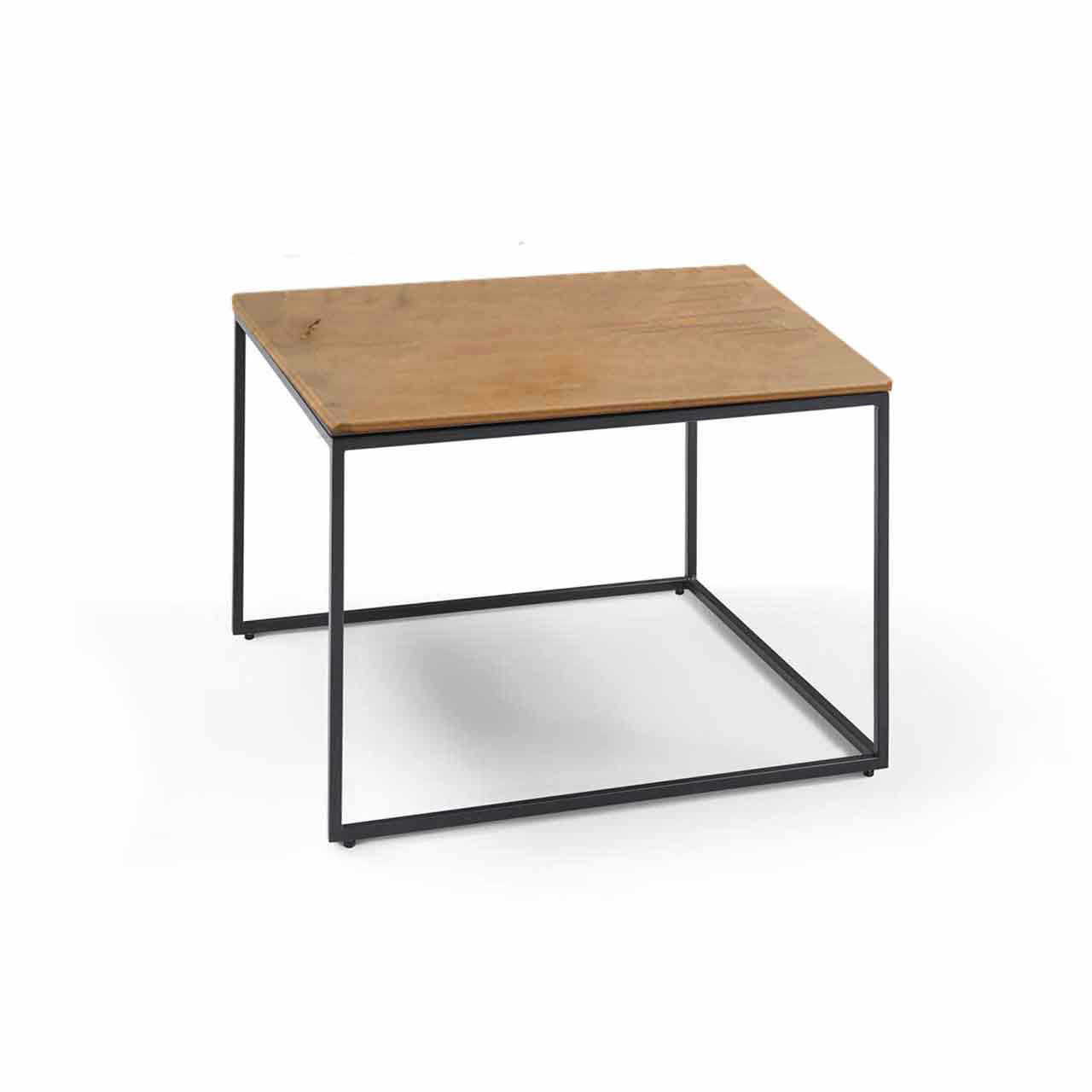 Quadratischer Beistelltisch mit Holzplatte auf schlichtem Metallgestell in schwarz