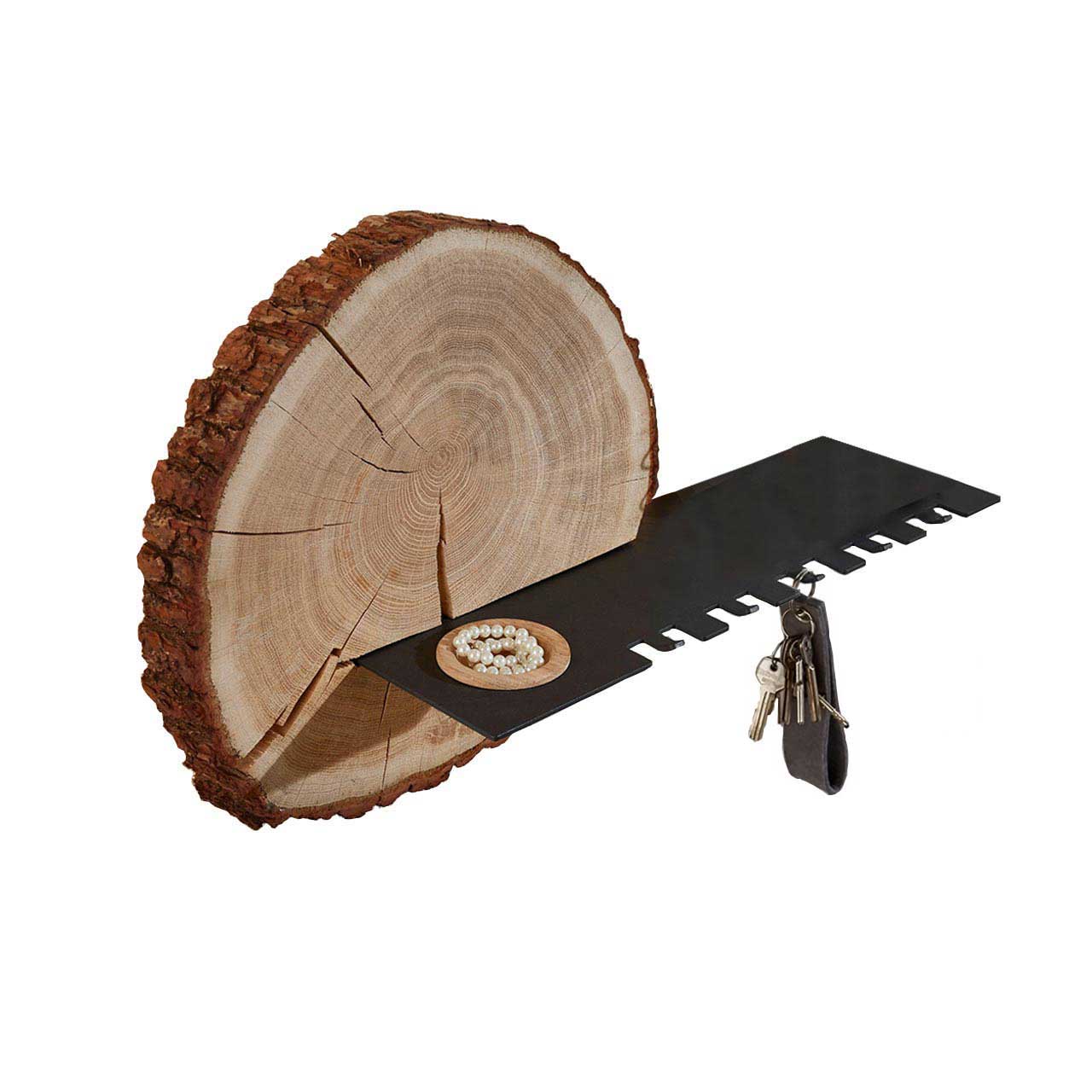 Hartmann SALVO Garderoben - Schlüsselablage 8550G-1069 Moderne Schlüsselablage aus runder Holzscheibe mit sichtbarer Rinde und anthrazitfarbener Metallablage mit Schlüsselhaken und Ablagefläche für kleine Gegenstände.