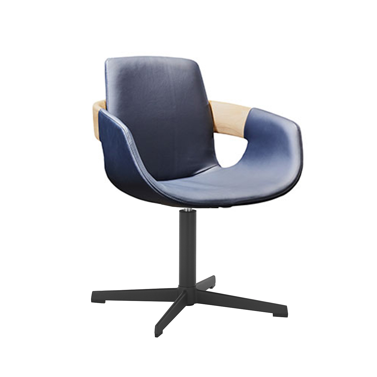 Hartmann NATURZEIT 7100E/8400E - 1766 Stuhl Emil Moderner Esszimmerstuhl mit Sitzfläche und Rückenlehne in atlantikblauem Leder, Holzapplikation an Lehnen und Vier-Fuß-Sterngestell aus Metall Anthrazit.