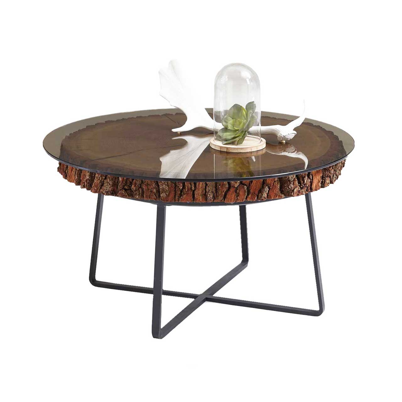 Hartmann NATURWERKE - Couchtisch 8400C-0473 Moderner Couchtisch mit runder Glasplatte auf echter Baumscheibe mit filigranem Metallgestell in Anthrazit.