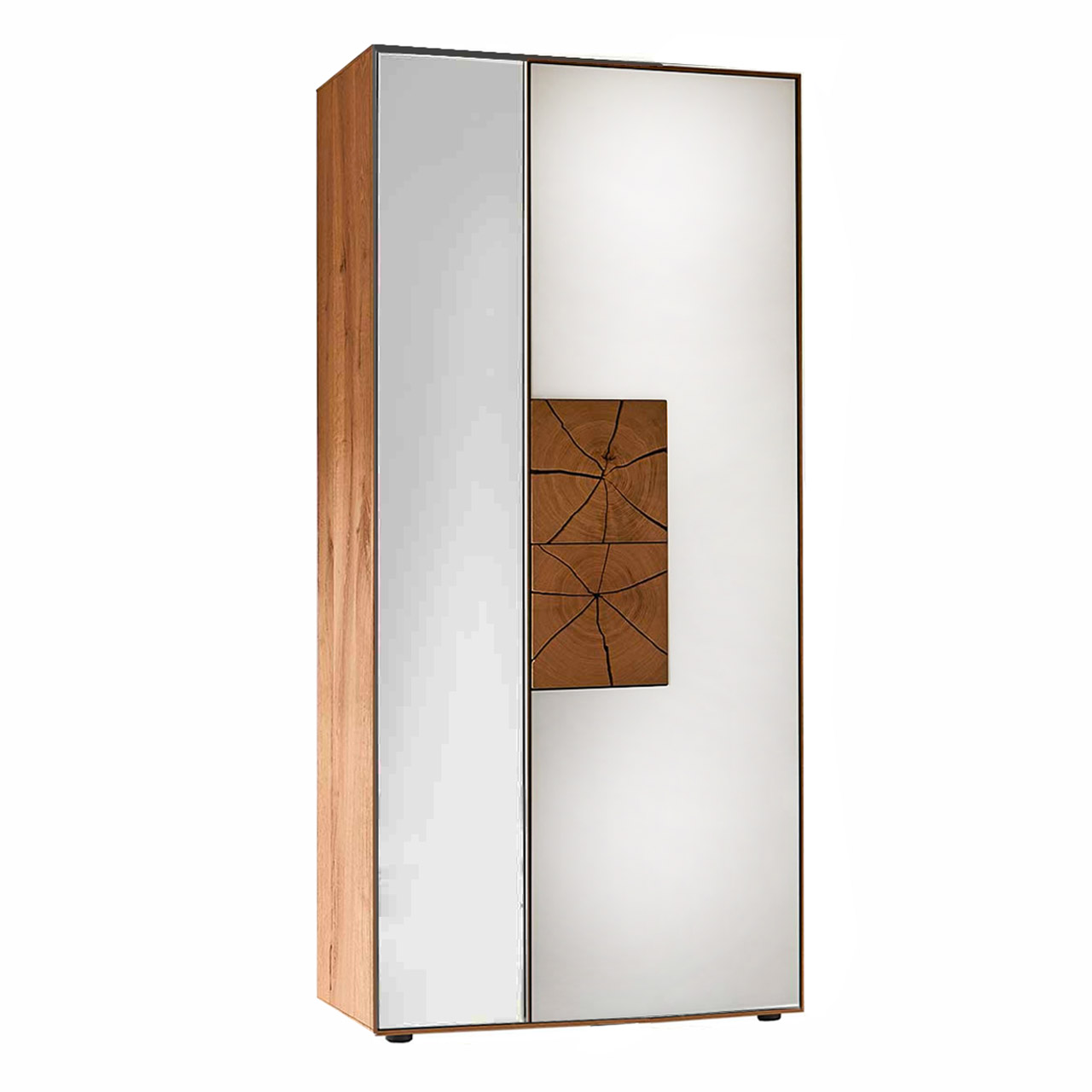 Hartmann CAYA Garderoben - Stauraumschrank mit Spiegel 7140-0096 Großer Stauraumschrank aus massiver Kerneiche Umato mit einer Tür in Mattglas weiß und zwei dekorativen Hirnholzscheiben und einer Spiegeltür rechts.
