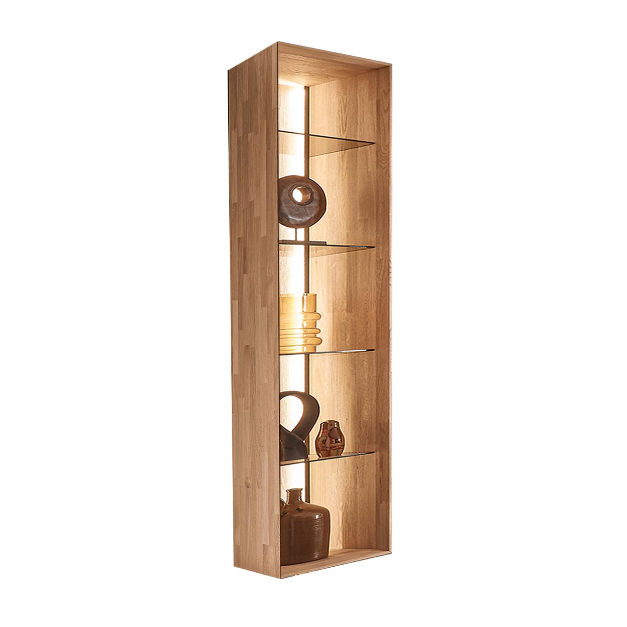 Hartmann SELINO - Hängeregal 8560-9031 Modernes Hängeregal mit Rahmen aus massiver heller Kerneiche. Dazwischen vier dekorierte Glasböden aus edlem Parsolglas.