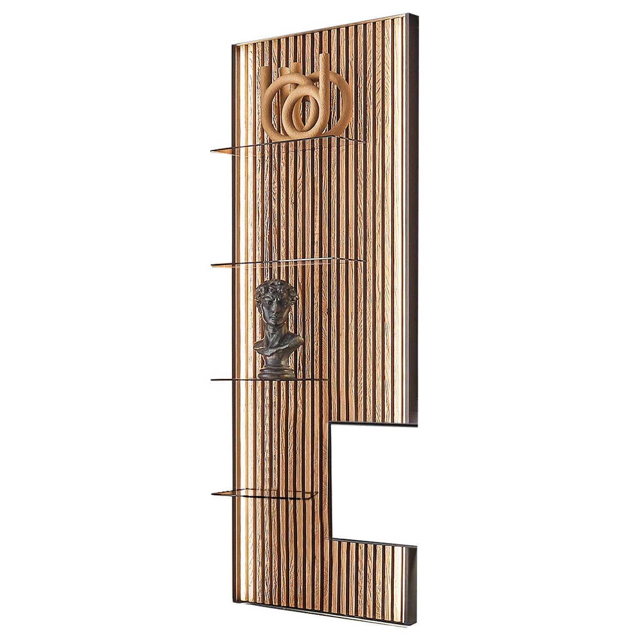 Hartmann SELINO - Wandpaneel 8560-0078 li. Modernes Wandpaneel mit Lamellenrückwand aus hellem Holz mit vier Glasböden aus Parsolglas und rechts mit seitlichem Ausschnitt für passende Möbel.
