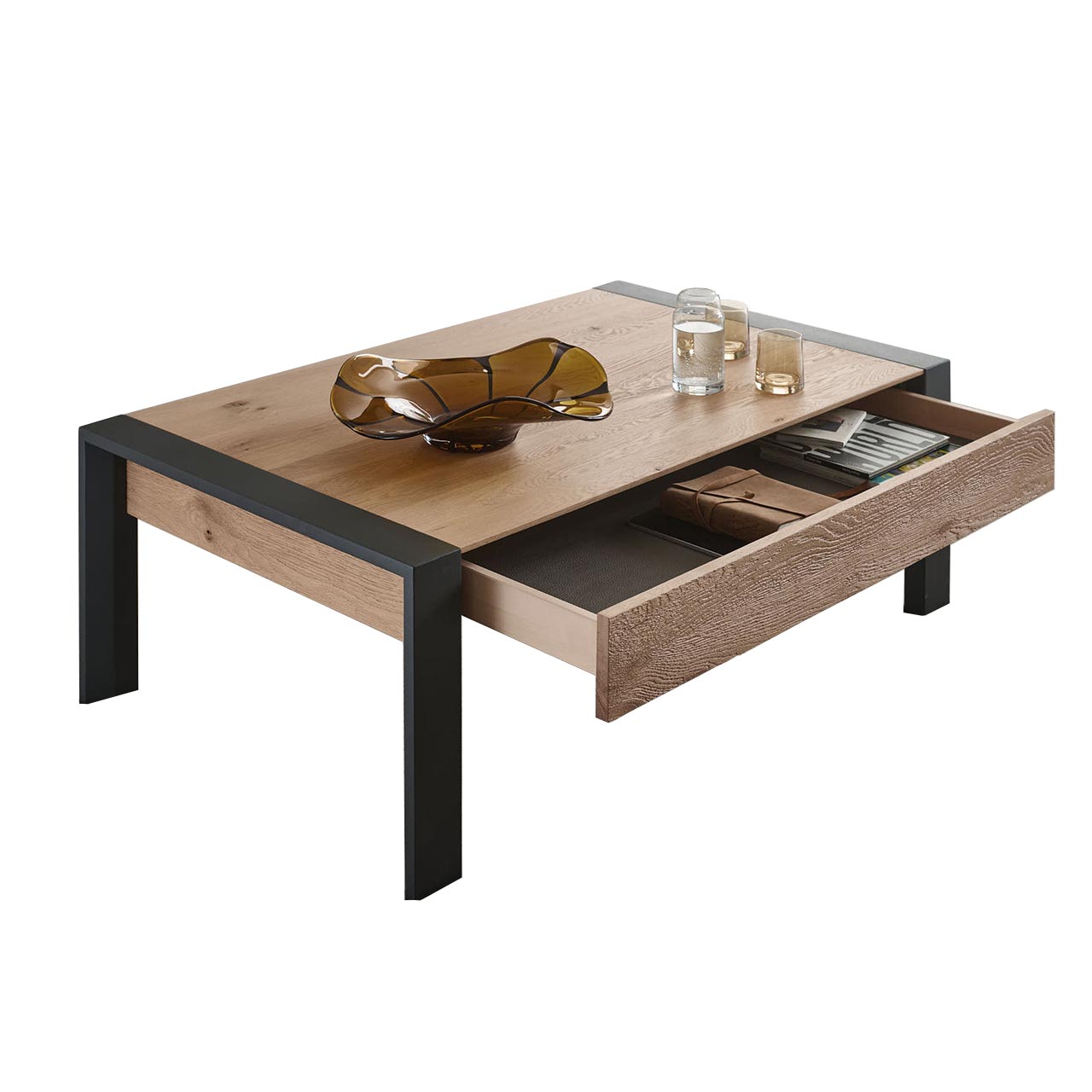 Couchtisch mit Schubkasten aus massiver Kerneiche Natur
