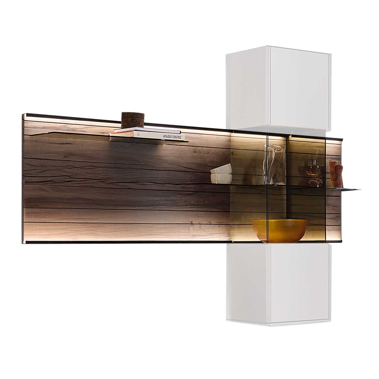 Modernes Wandpaneel aus dunkelbrauner Altholzbuche Uyaa mit edler, sichtbarerer Holzmaserung und drei Glasböden aus Parsolglas Bronze.