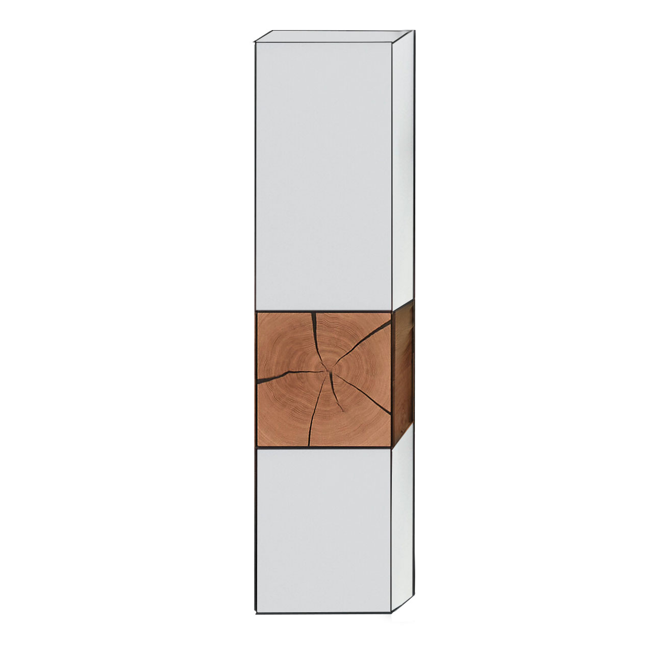 Moderner Hängeschrank aus massiver Kerneiche Umato mit Mattglas weiß Fronten und einer im unteren Drittel platzierten rechteckigen Hirnholzscheibe