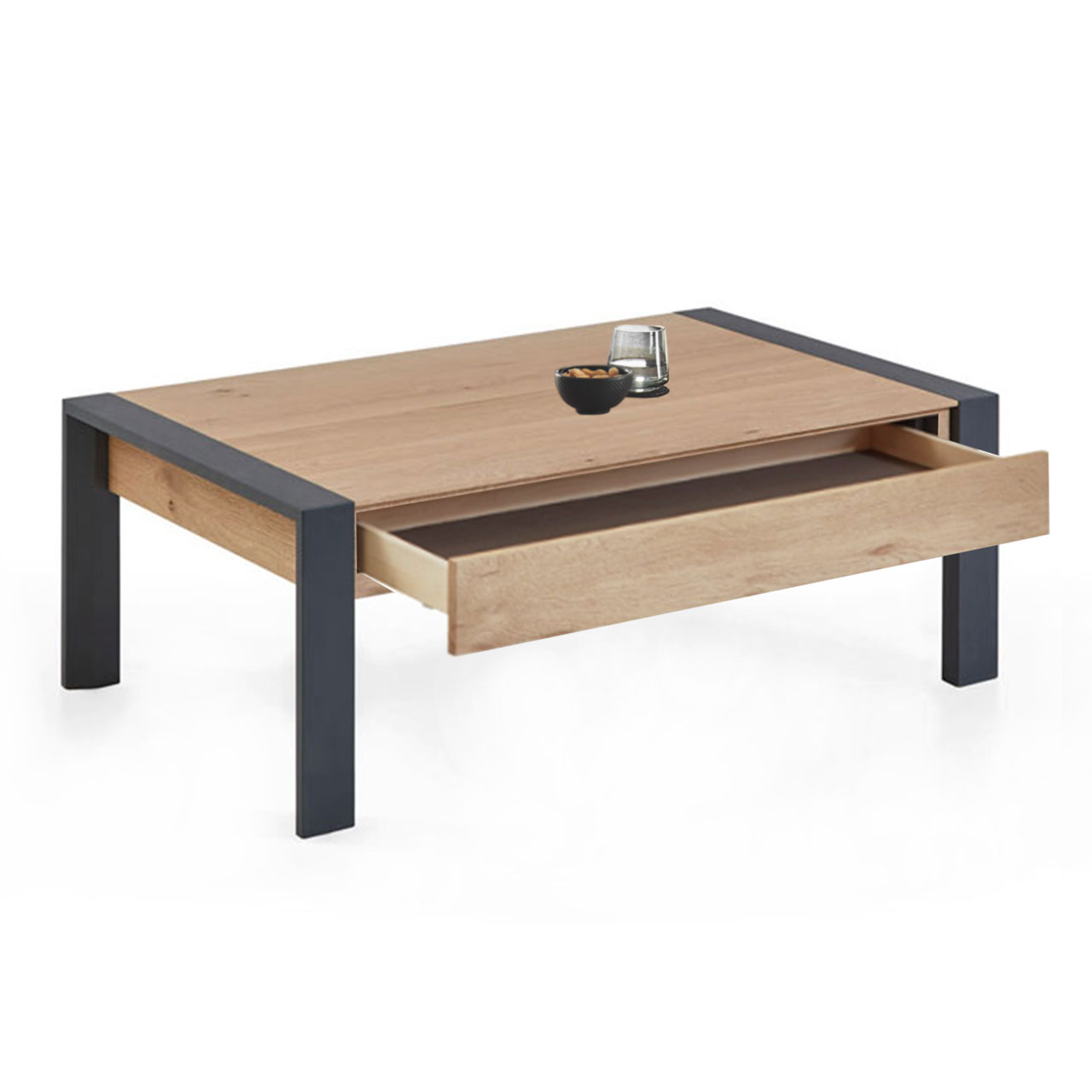 Hartmann NATURWERKE - Couchtisch 8400C-1446 - offen Moderner Couchtisch aus massiver Kerneiche Natur mit offenem Schubkasten auf vier Metallbeinen.