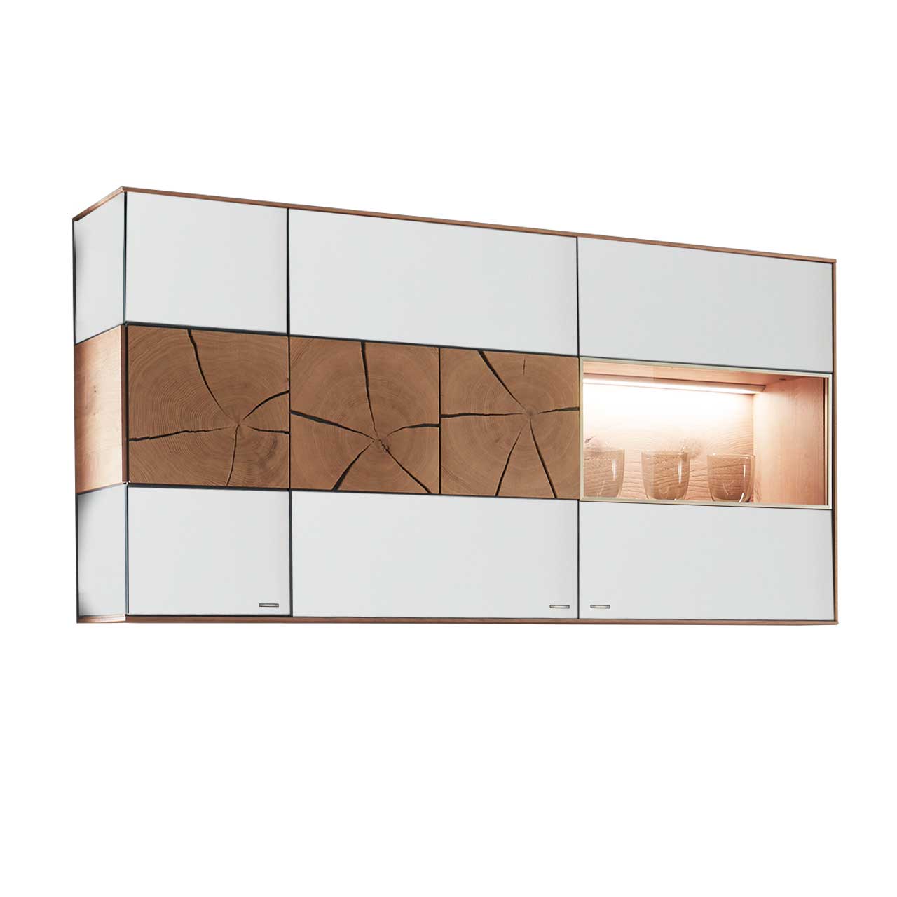 Hartmann CAYA - Hängevitrine 7170-4145W Moderne Hängevitrine aus massiver Kerneiche Umato mit Mattglas weiß Front, mit einer Holztür mit dekorativer Hirnholz Applikation aus drei rechteckigen Hirnholzscheiben und einer Glastür.