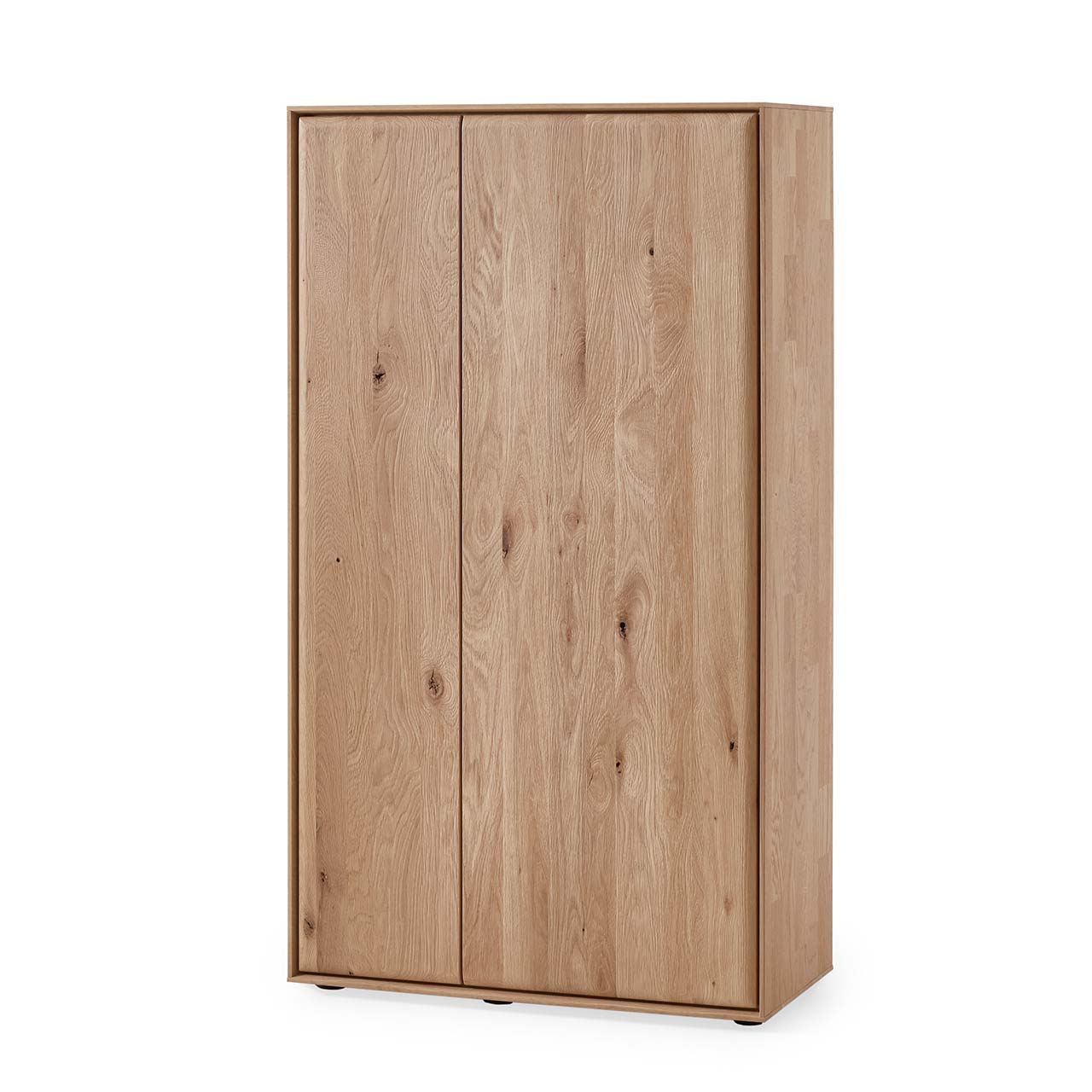 Schlichtes Highboard aus massivem Eichenholz mit einer schmalen Tür links und einer breiten Tür rechts. Beide Türen sind geschlossen.