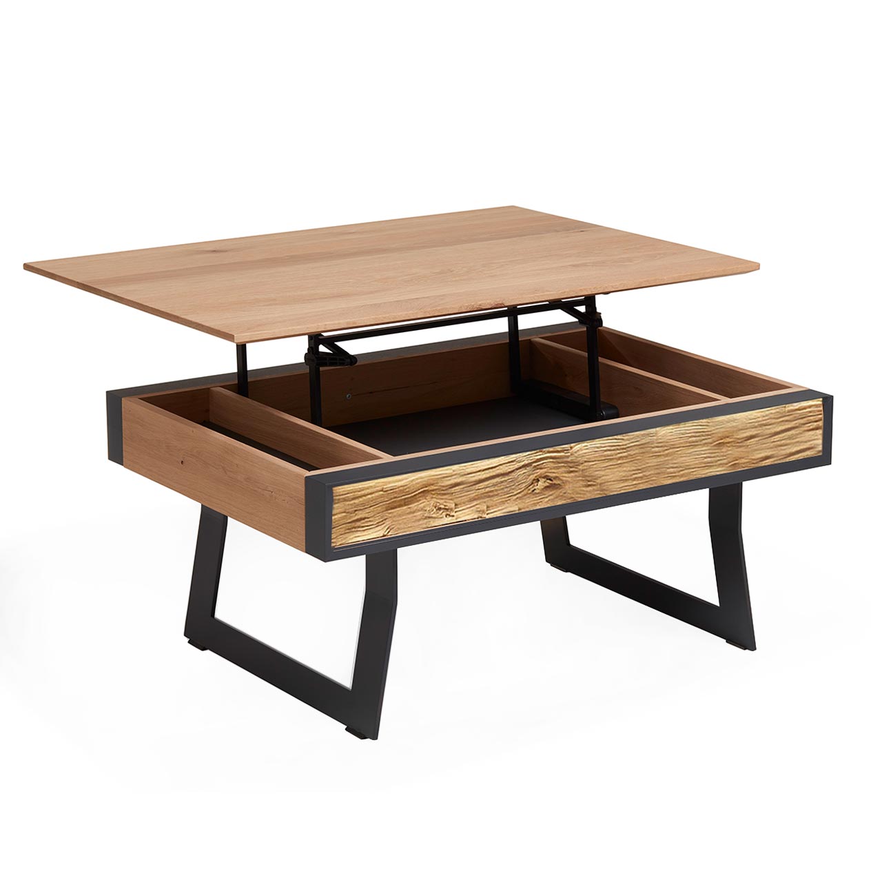 Hartmann NATURWERKE - Couchtisch 8400C-1458 - offen Moderner Couchtisch mit hochgefahrener Tischplatte aus Kerneiche, geöffnetes Stauraumfach mit seitlicher Spaltholz-Applikation - auf zwei Metallkufen in Anthrazit.