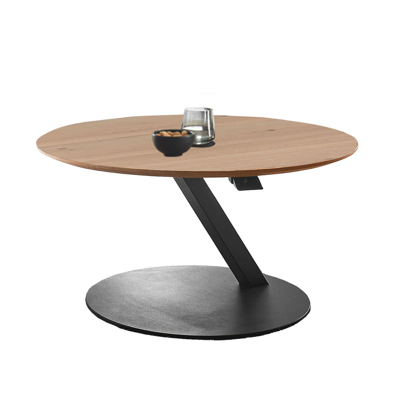 Hartmann NATURWERKE - Couchtisch 8400C-1447 - Höhenverstellbar Moderner Couchtisch mit runder, höhenverstellbarer Holzplatte in Kerneiche Natur. Metallsäule und runde Bodenplatte in Holz anthrazit.