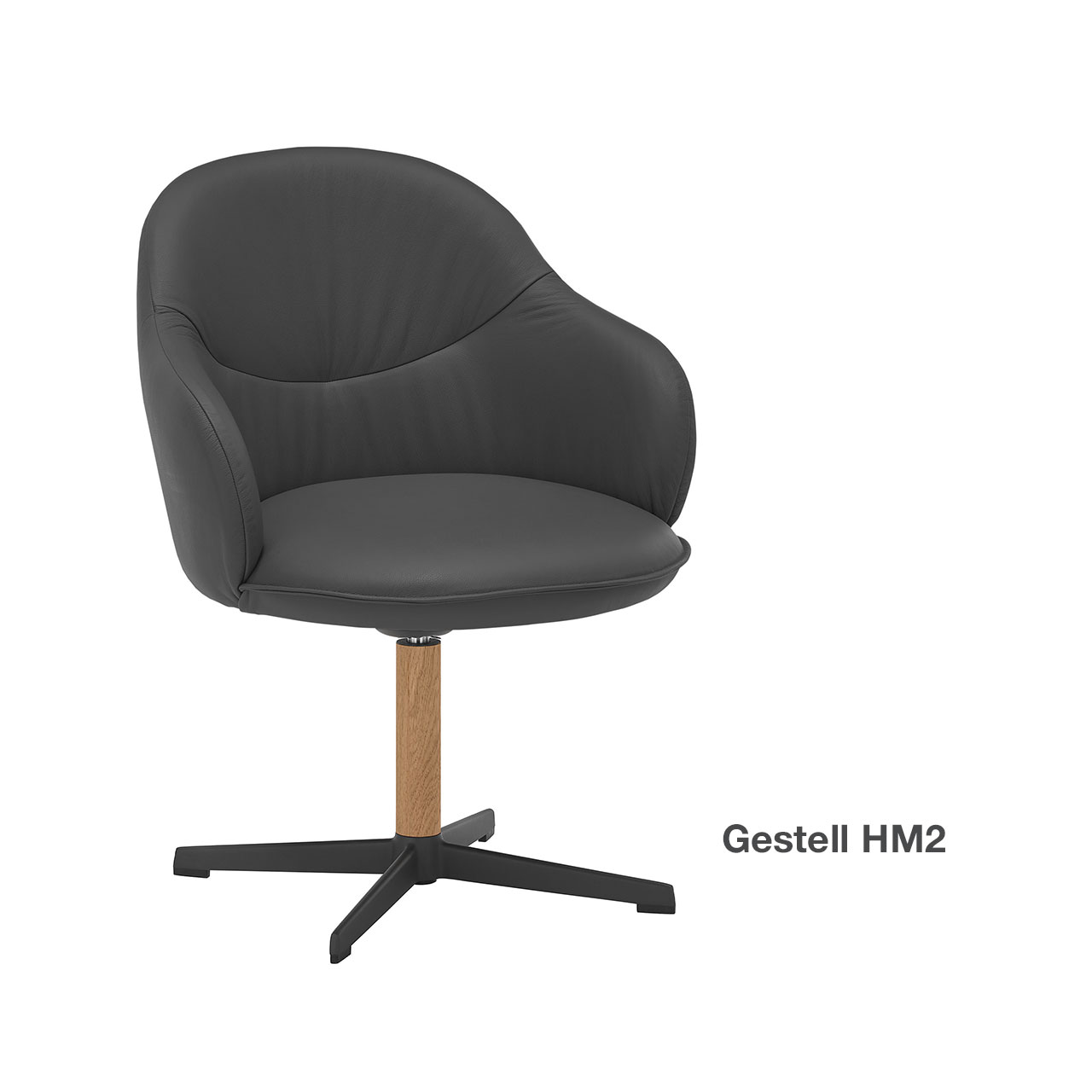 Moderner drehbarer Armlehnstuhl mit schwarzem Lederbezug und gepolsterter Sitzschale auf Vier-Fuß-Kreuzgestell in Metall anthrazit und Holz. Rechts daneben textlicher Hinweis „Gestell HM2“ - in Frontansicht.