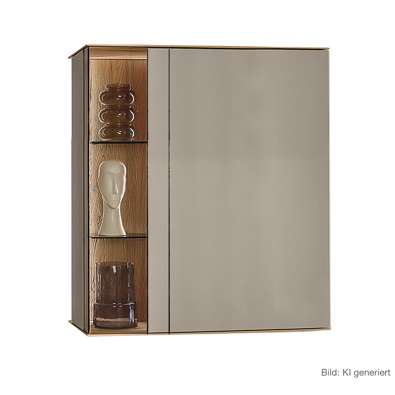 Moderne Vitrine aus massiver Kerneiche Natur mit Lackfronten in Sand. Mit einer Glas-Lacktür und beleuchteter Riffholzrückwand links und einer Lacktür rechts - asymmetrisches Design, von links nach rechts zulaufend schmaler werdend.
