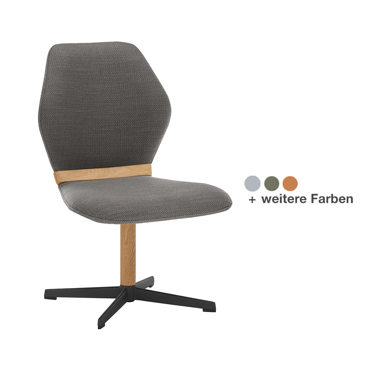 Moderner Esszimmerstuhl ohne Lehnen mit gepolsteter Sitzfläche und Rückenlehne in grauem Stoff, mit Holzapplikation im Lendenbereich und Vier-Fuß-Gestell Metall Anthrazit & Holz in moderner Kreuzform.